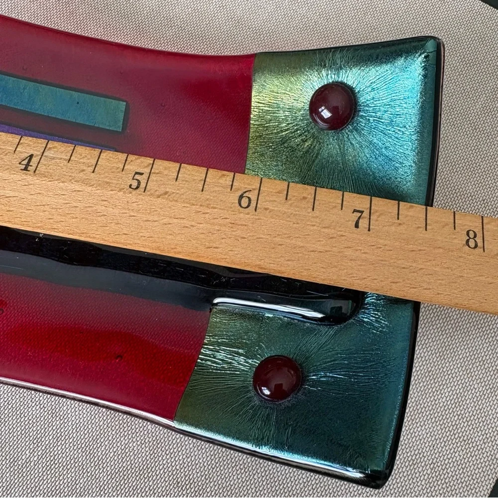 Artist Signed Fused Art Glass Dish Modern Studio Red Blue/Green iridescent - Picture 4 of 10